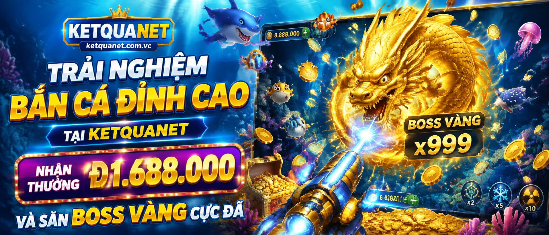 Bắn Cá Đại Dương 3D với boss cá lớn và nền biển xanh